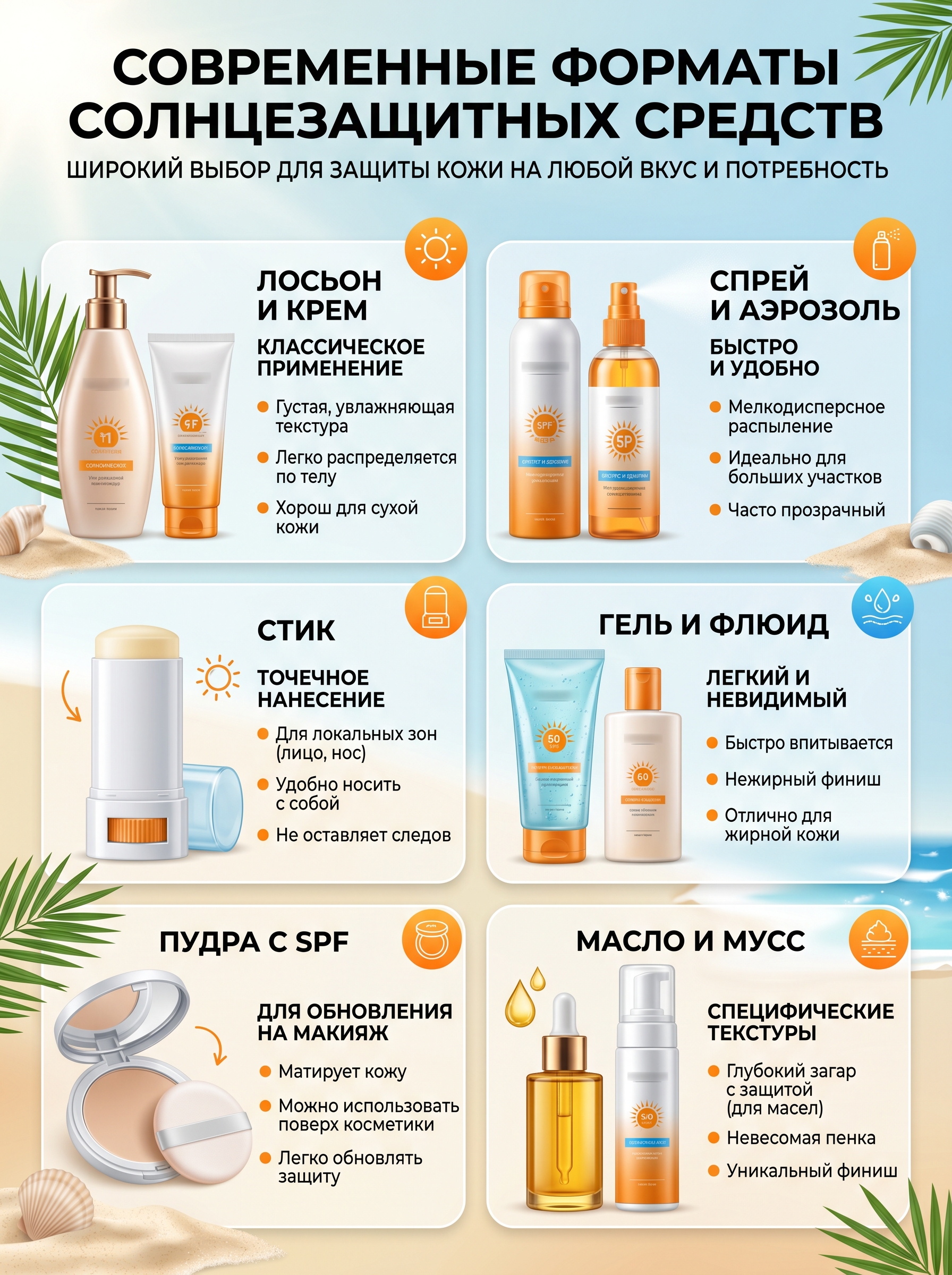 Виды солнцезащитных средств